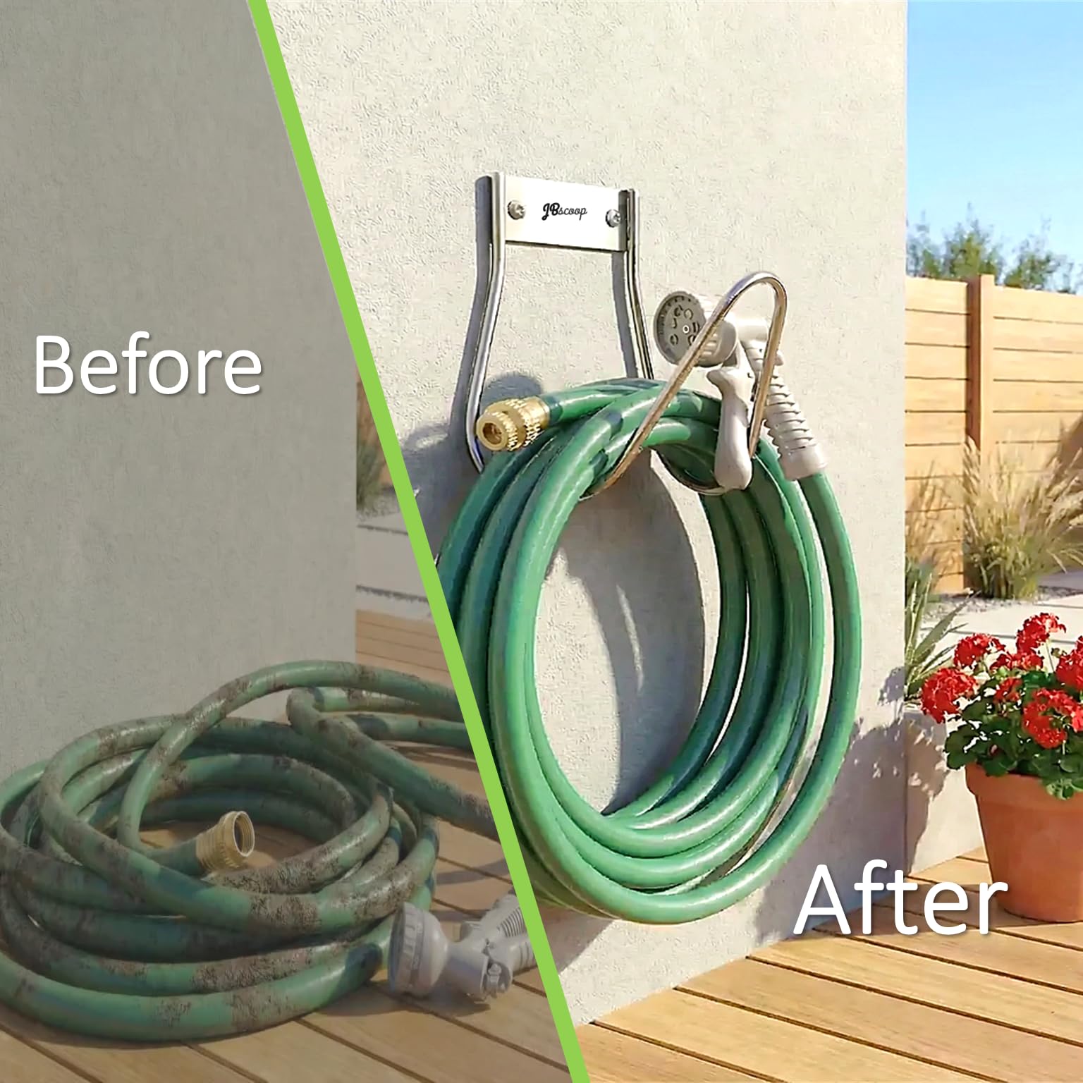JBscoop heavy-duty hose hook withstands outdoor use without bending.