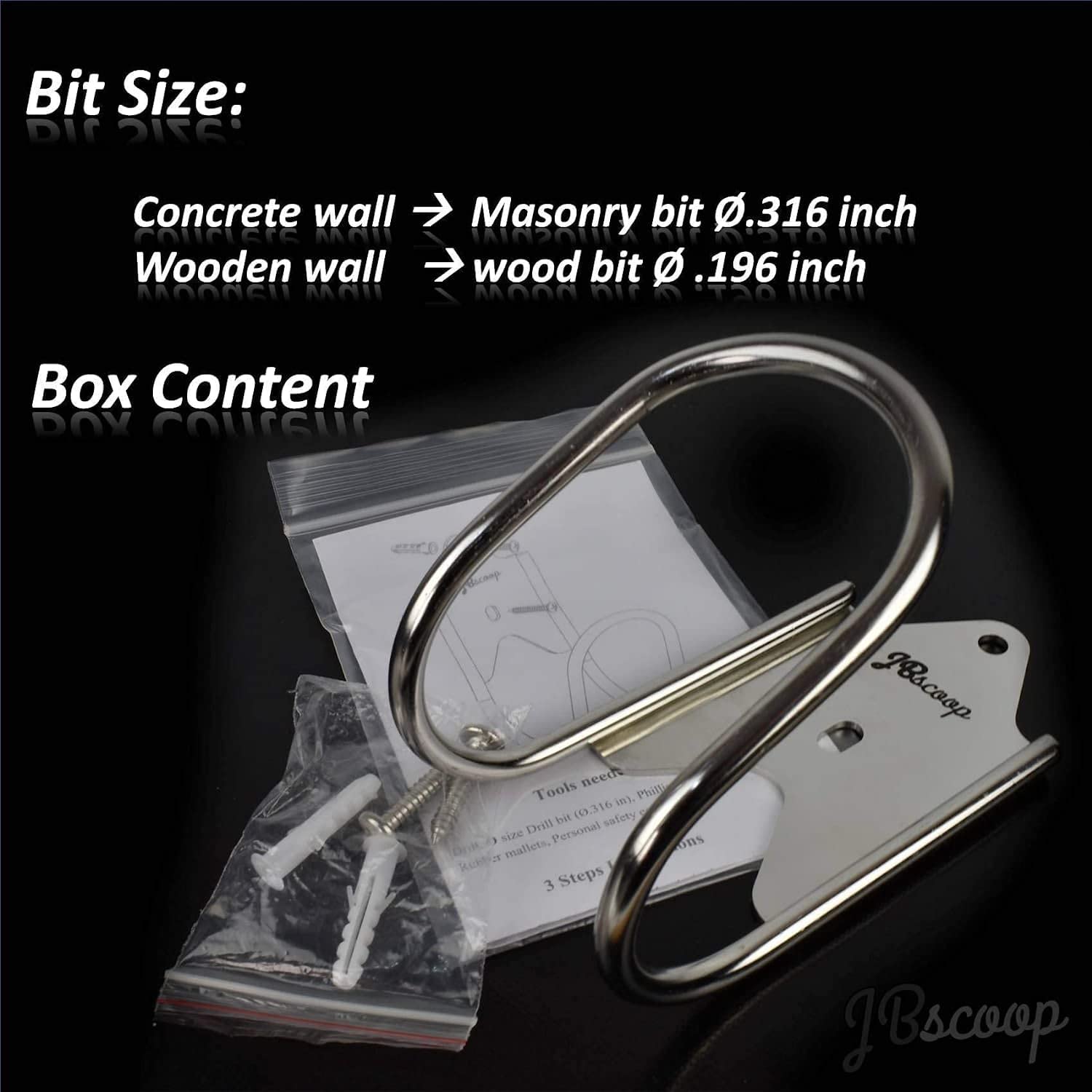 JBscoop installation kit with screws and plugs for easy setup.