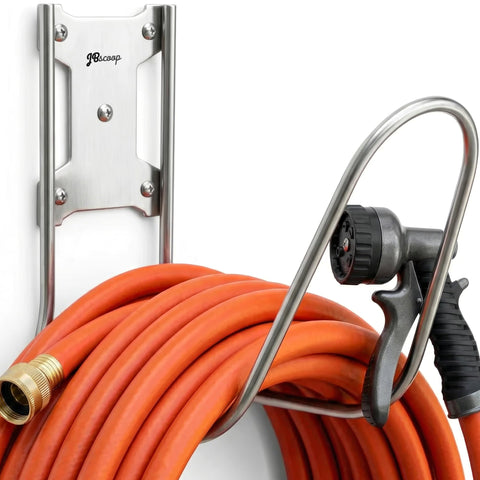 JBscoop large stainless steel hose holder mounted on wall for durable garden organization.