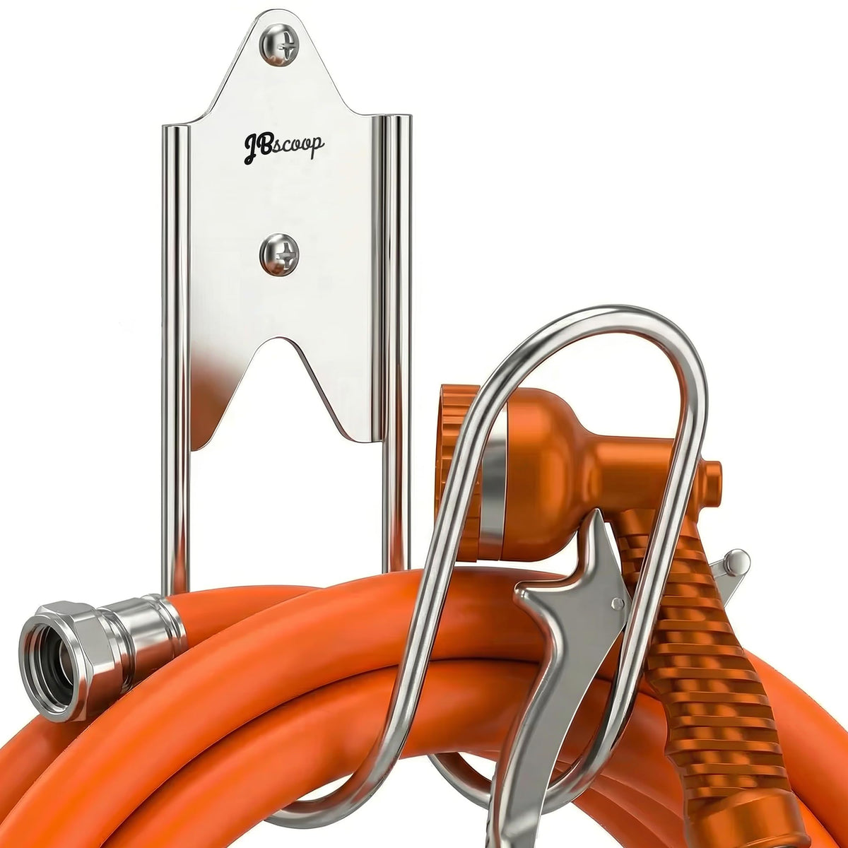 JBscoop hose hanger front view in stainless steel with sturdy wall mount.