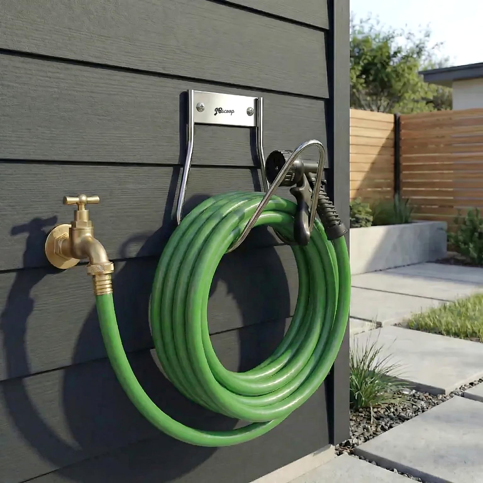 JBscoop wall-mount hose hook secures hoses and cables in a compact space.