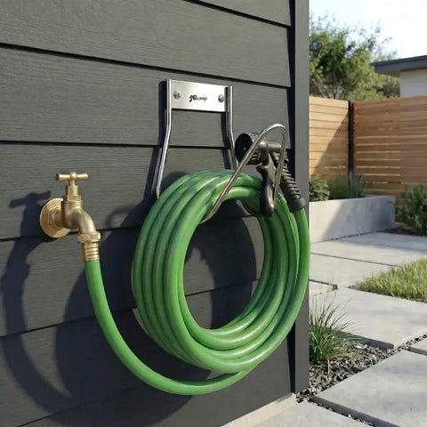 JBscoop wall-mount hose hook secures hoses and cables in a compact space.