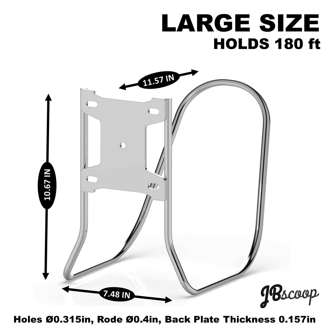 JBscoop wall-mounted hose rack displayed with attached screws for easy installation.
