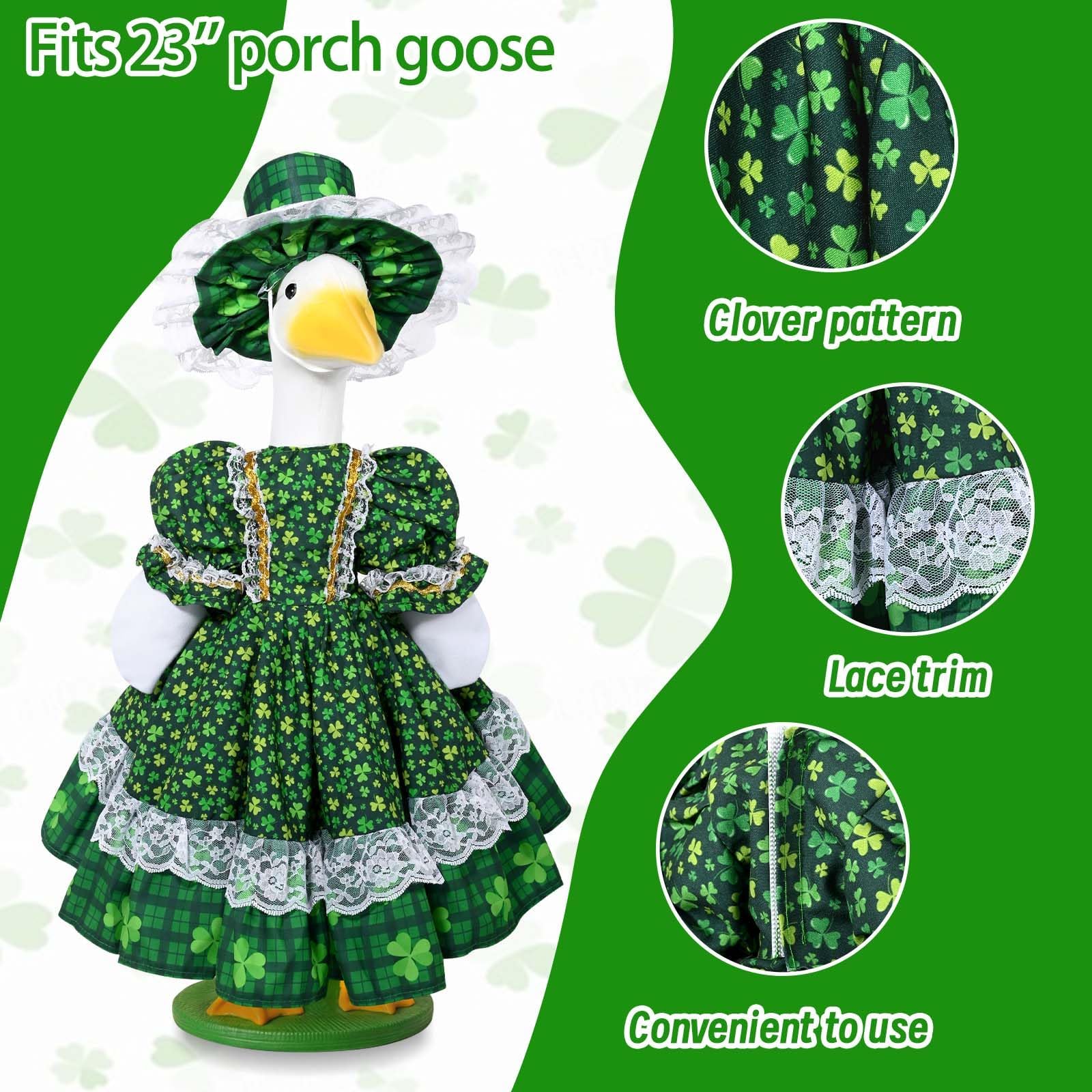 JcHrmers Irish clover floral skirt and hat add festive porch charm.