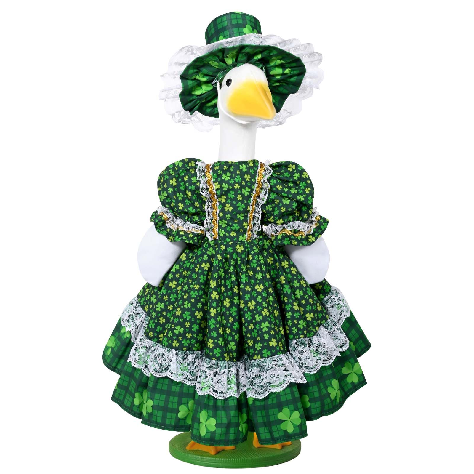 JcHrmers St. Patrick's Day goose outfit on outdoor statue enhances curb appeal.