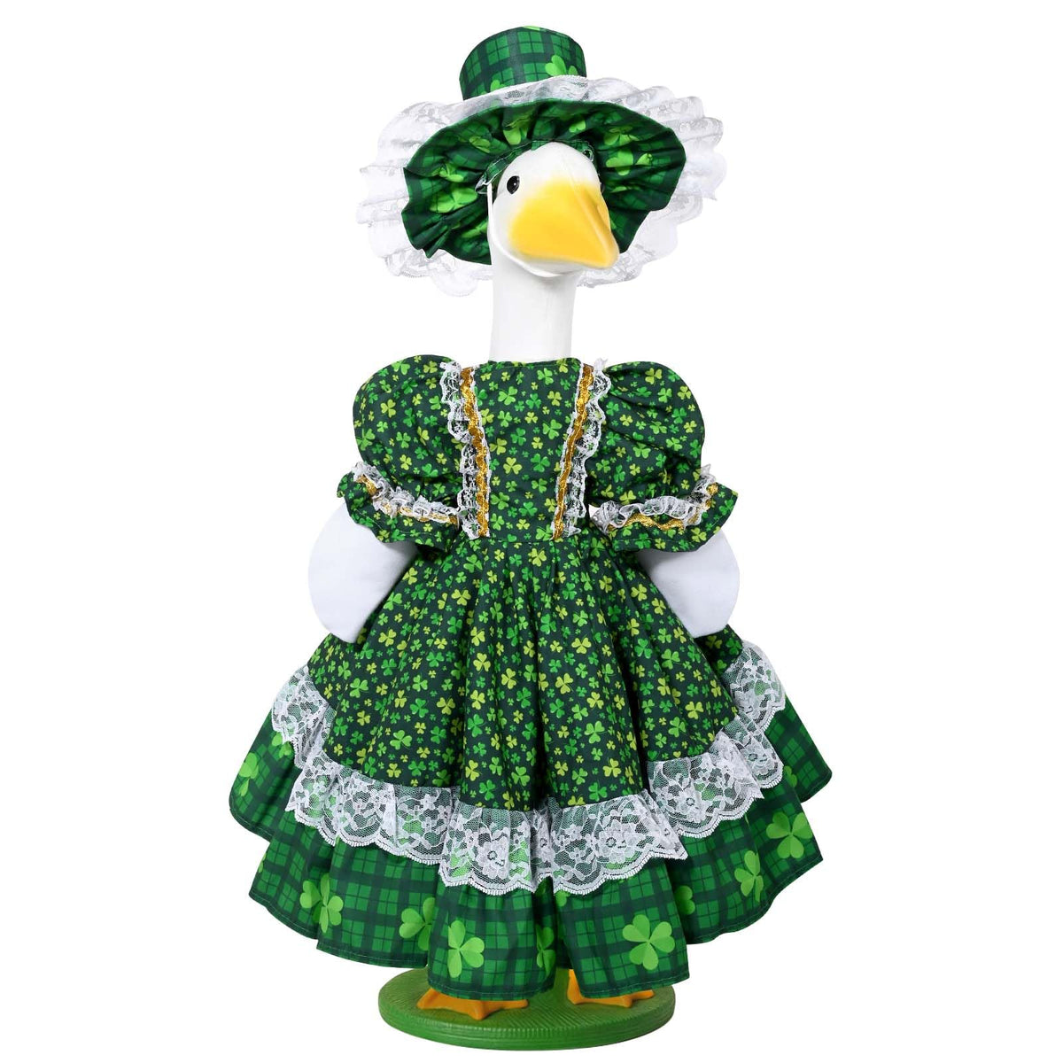 JcHrmers St. Patrick's Day goose outfit on outdoor statue enhances curb appeal.