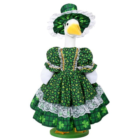 JcHrmers St. Patrick's Day goose outfit on outdoor statue enhances curb appeal.