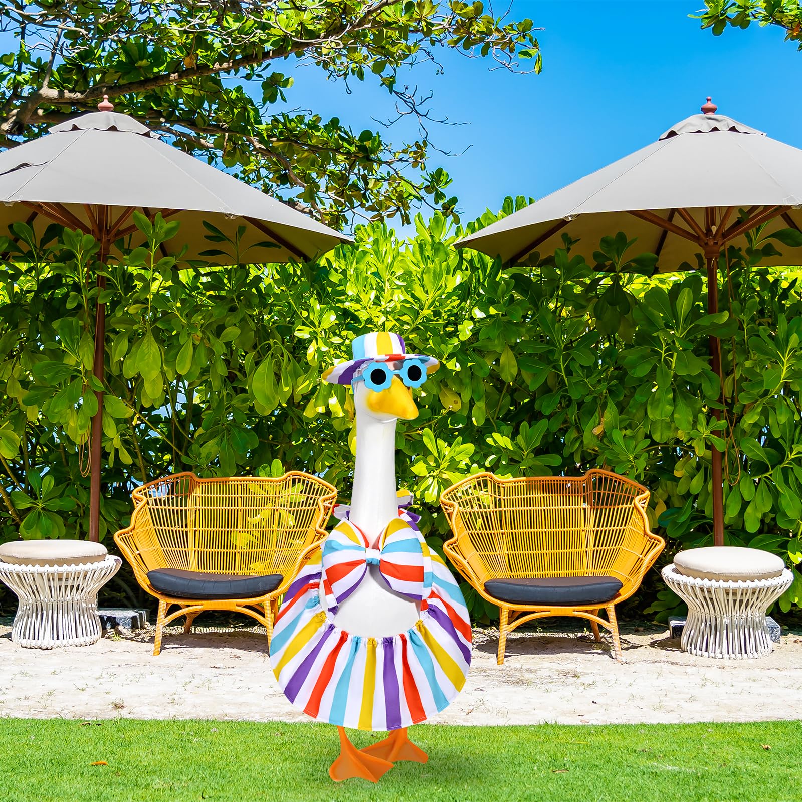 JcHrmers sun hat with elastic strap secured for 23-inch porch geese