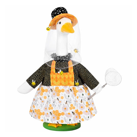 JcHrmers beekeeper goose outfit on a 23-inch statue adds spring charm.