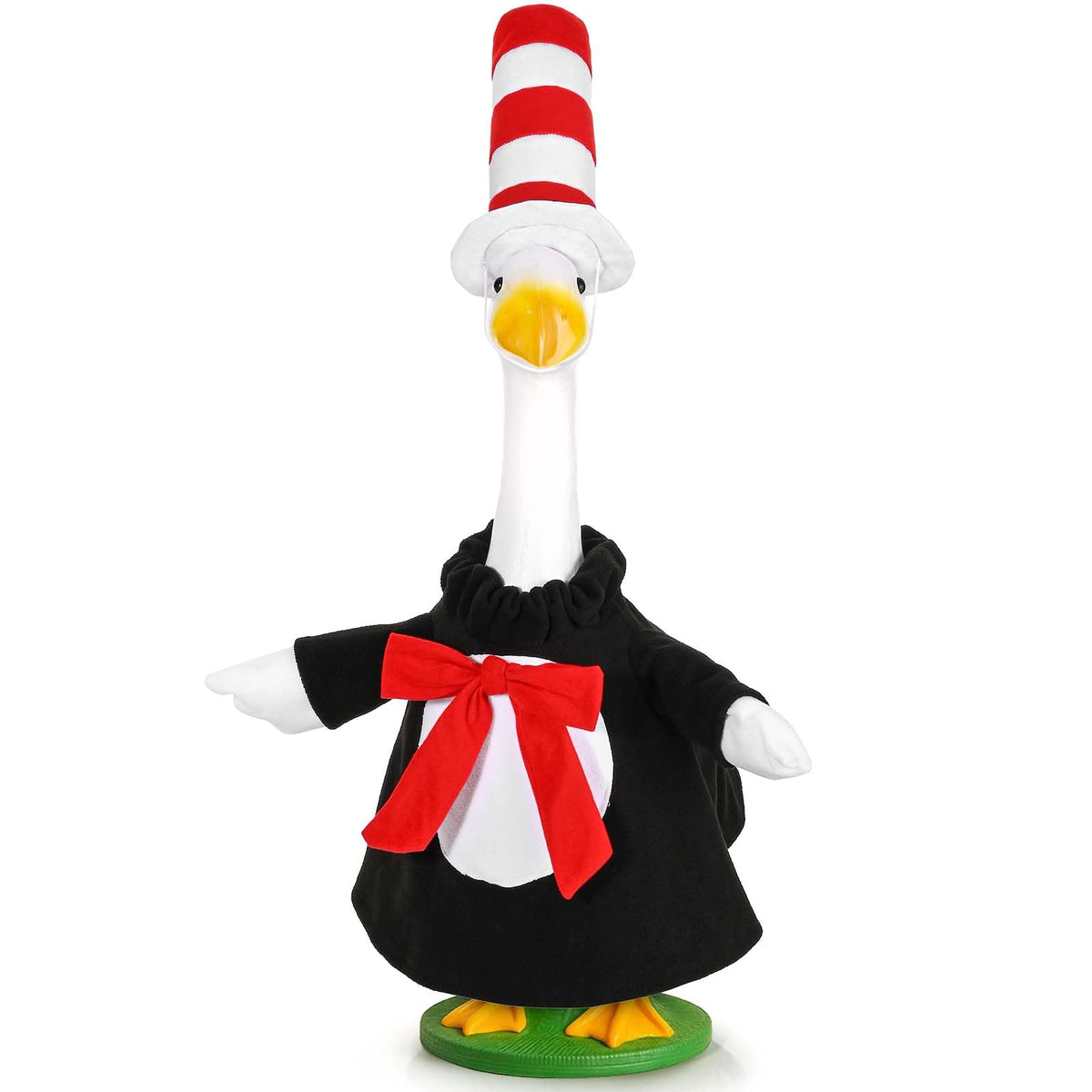 JcHrmers goose outfit with red-white striped top hat boosts curb appeal for porches and yards