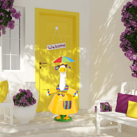 JcHrmers GANSHAYA rainbow-colored raincoat adds cheerful color to outdoor spaces.