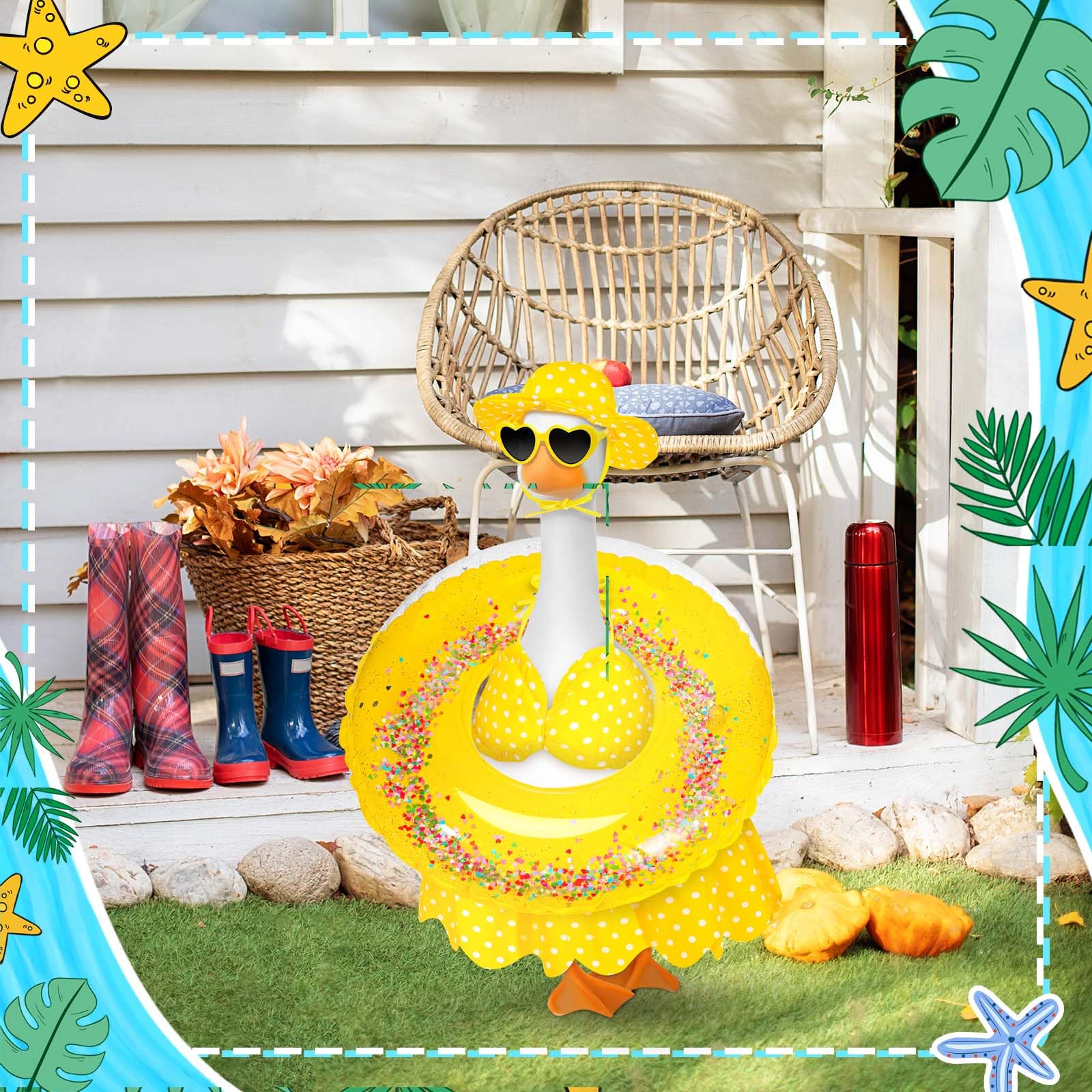 JcHrmers spring garden decor with festive goose props