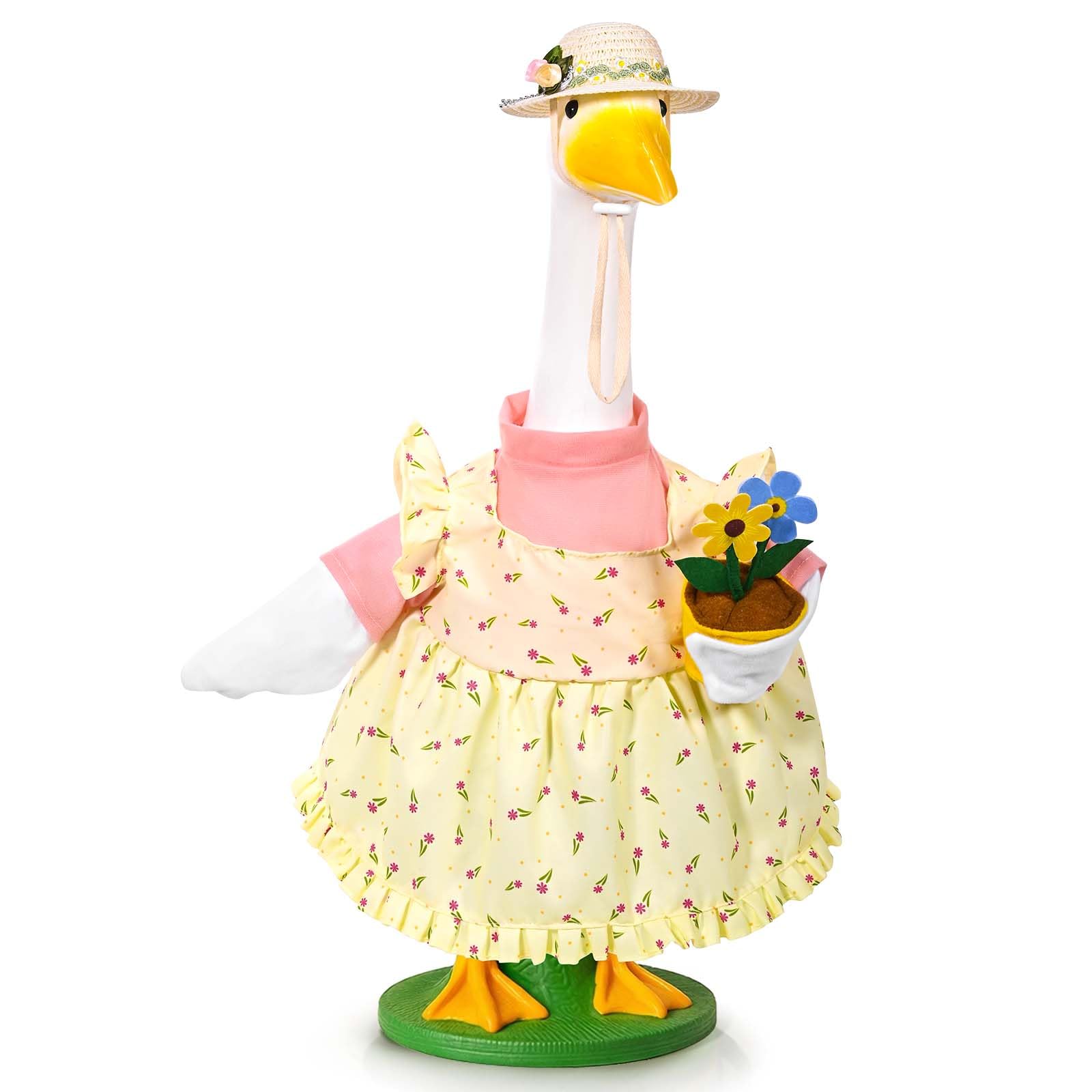 JcHrmers Gardener Goose Outfit with floral dress and hat adds welcoming porch charm.