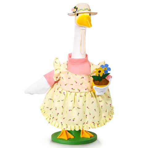 JcHrmers Gardener Goose Outfit with floral dress and hat adds welcoming porch charm.