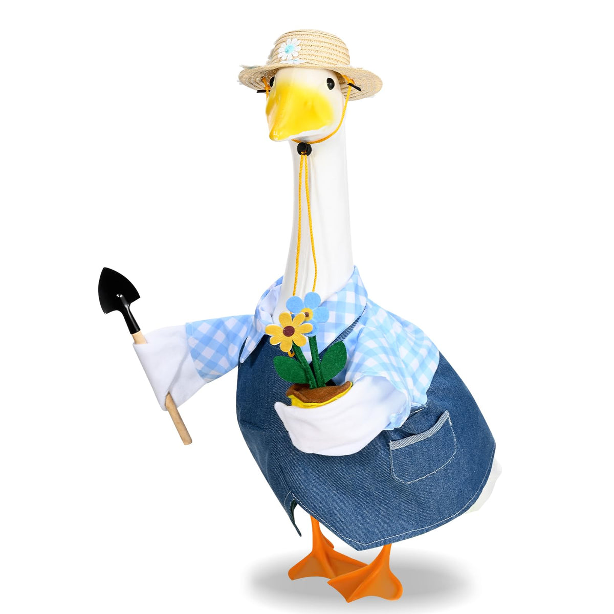 JcHrmers Gardener Porch Goose Outfit on a 23-inch statue outdoors adds welcoming charm