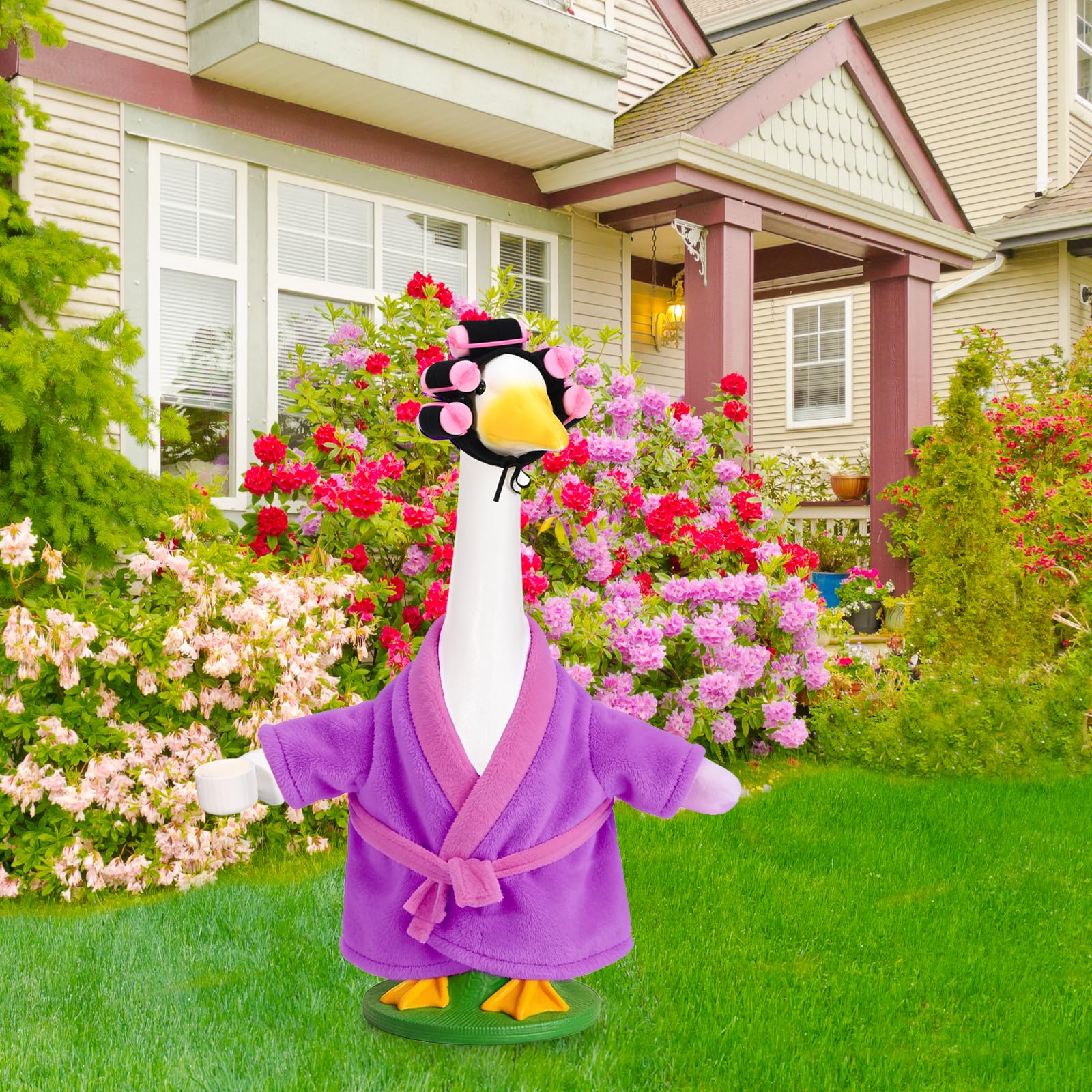 JcHrmers purple old-lady goose costume brightens garden path and invites smiles.