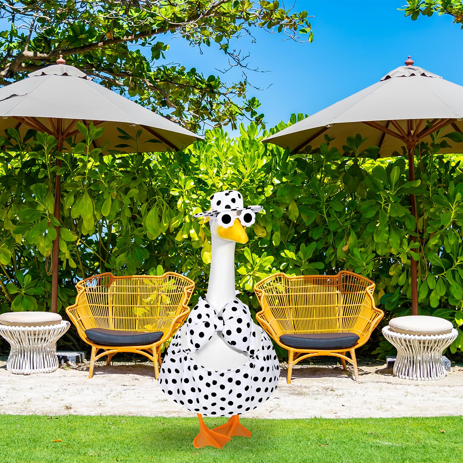 Close-up of JcHrmers outfit on a 23-inch meadow goose ready for summer display