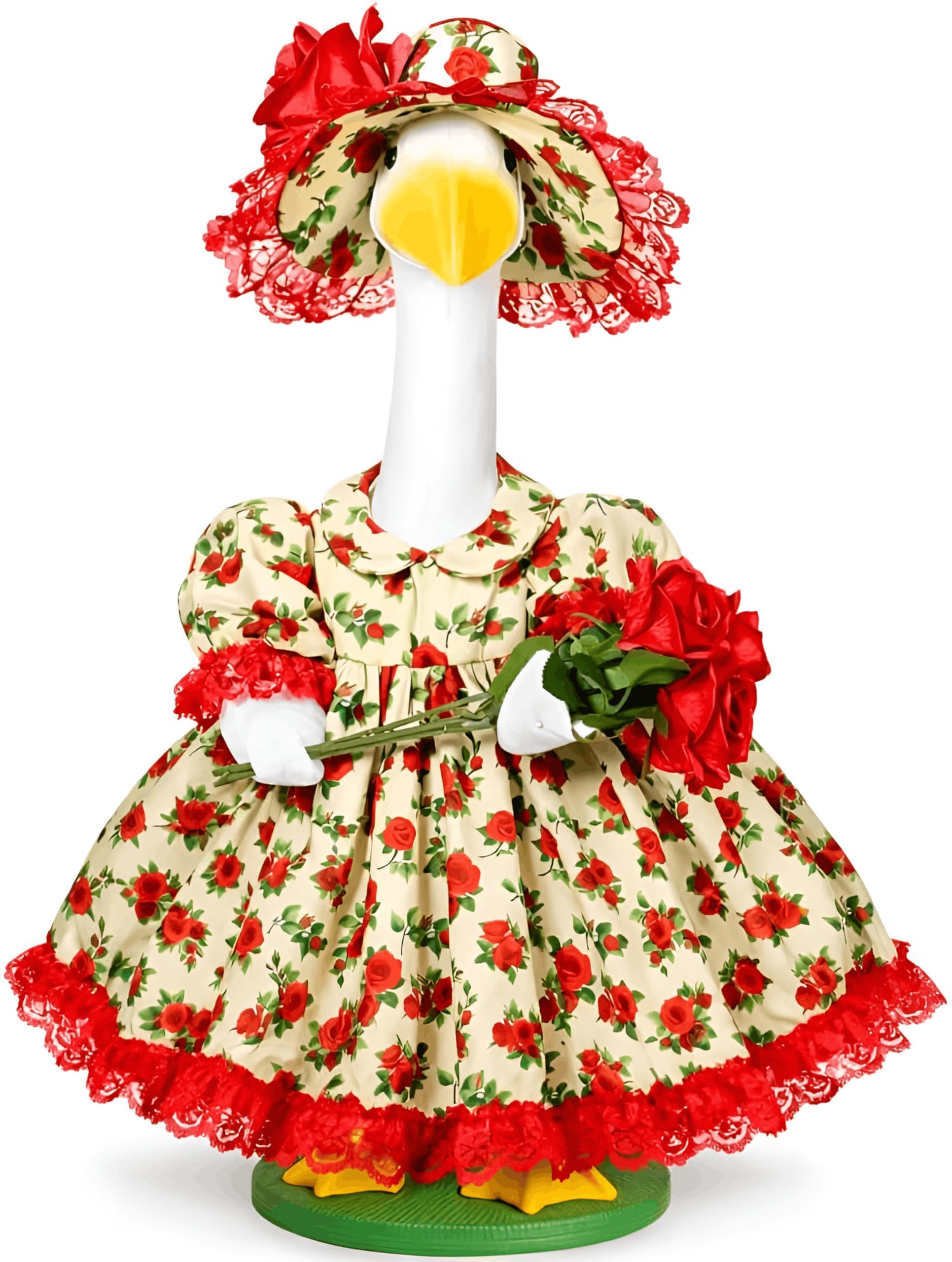 JcHrmers Kentucky Derby goose dress showcases a rose pattern for festive outdoor display