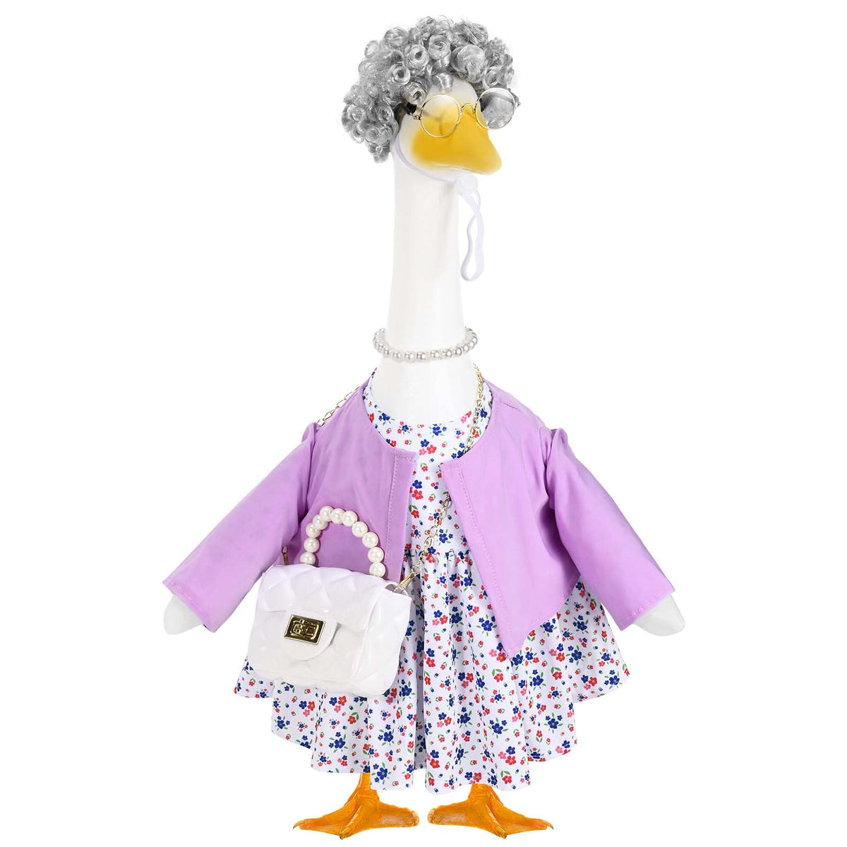 JcHrmers old lady goose floral dress enhances porch decor and charm