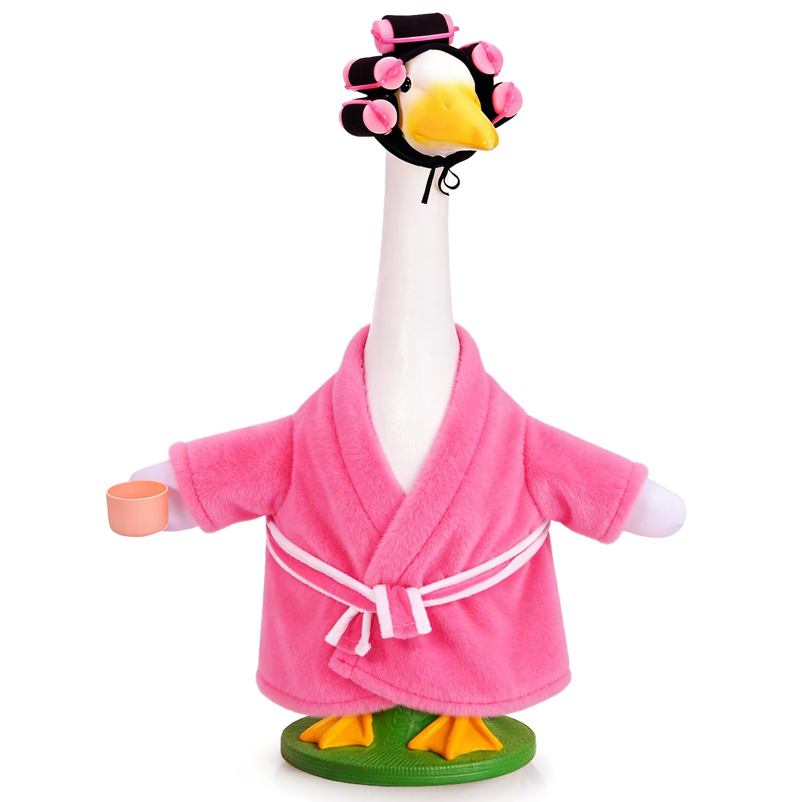 JcHrmers pink porch goose outfit on a 23-inch statue boosts curb appeal and whimsy.