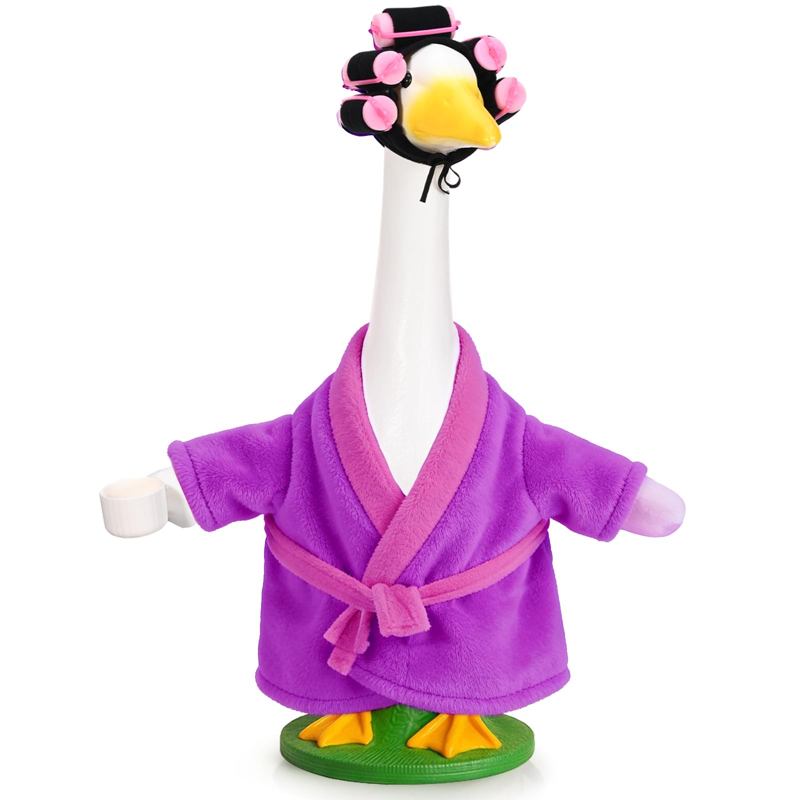 JcHrmers old lady porch goose outfit in purple adds playful charm to outdoor goose decor.