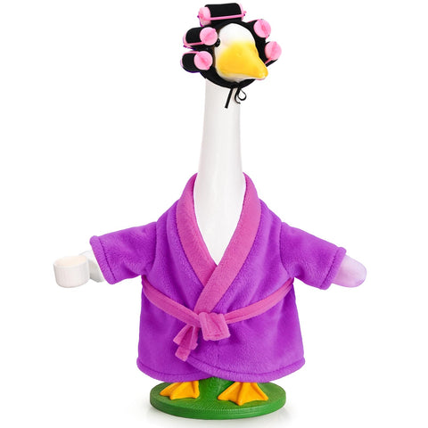 JcHrmers old lady porch goose outfit in purple adds playful charm to outdoor goose decor.