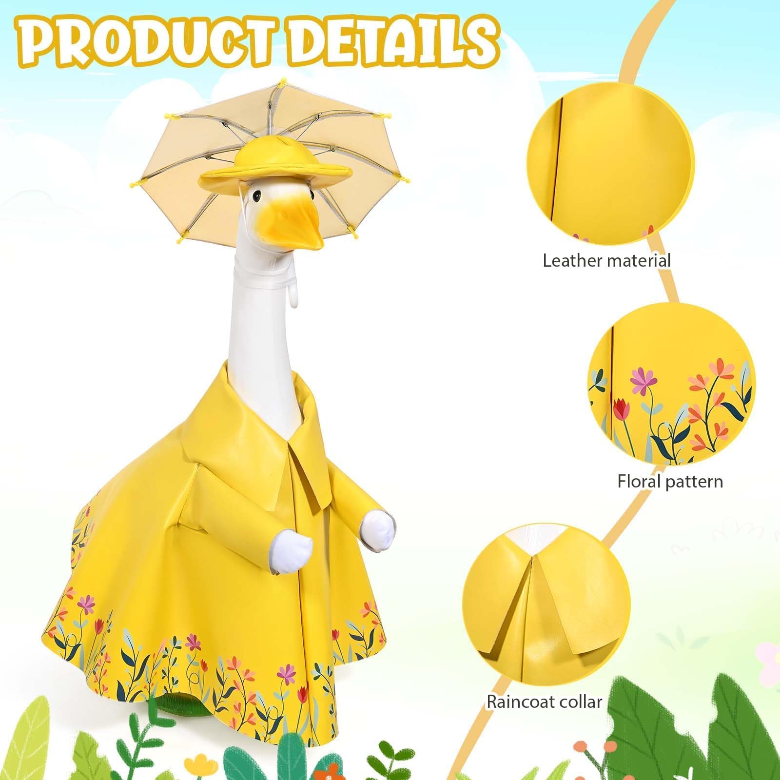 JcHrmers Floral-pattern raincoat on a goose brightens garden displays.
