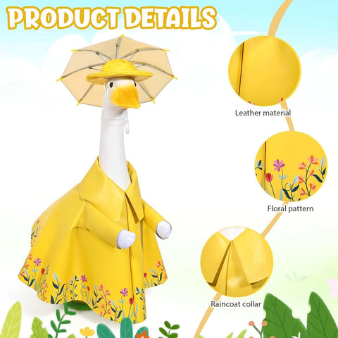 JcHrmers Floral-pattern raincoat on a goose brightens garden displays.