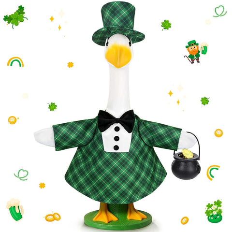 JcHrmers goose outfit in green plaid tuxedo coat boosts curb appeal for St. Patrick's Day