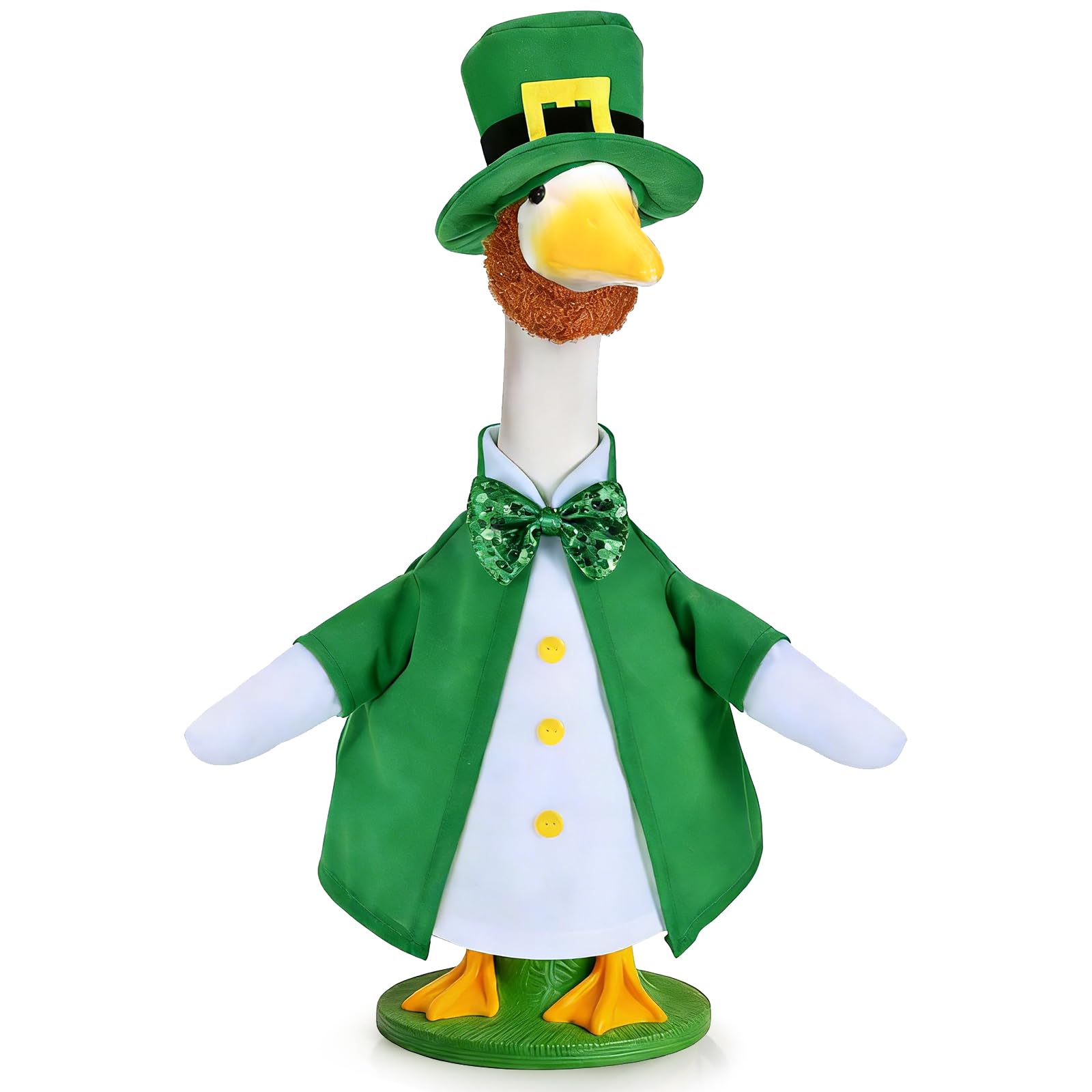 JcHrmers St Patrick's Day goose outfit on a porch goose with hat and beard