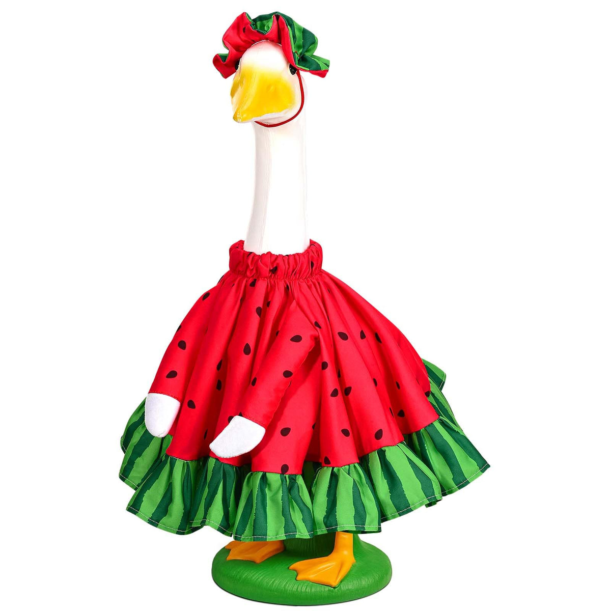 JcHrmers watermelon goose outfit on a porch goose with frilled hat for summer decor