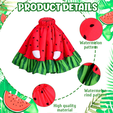 Close-up of frilled hat and watermelon dress on a goose statue