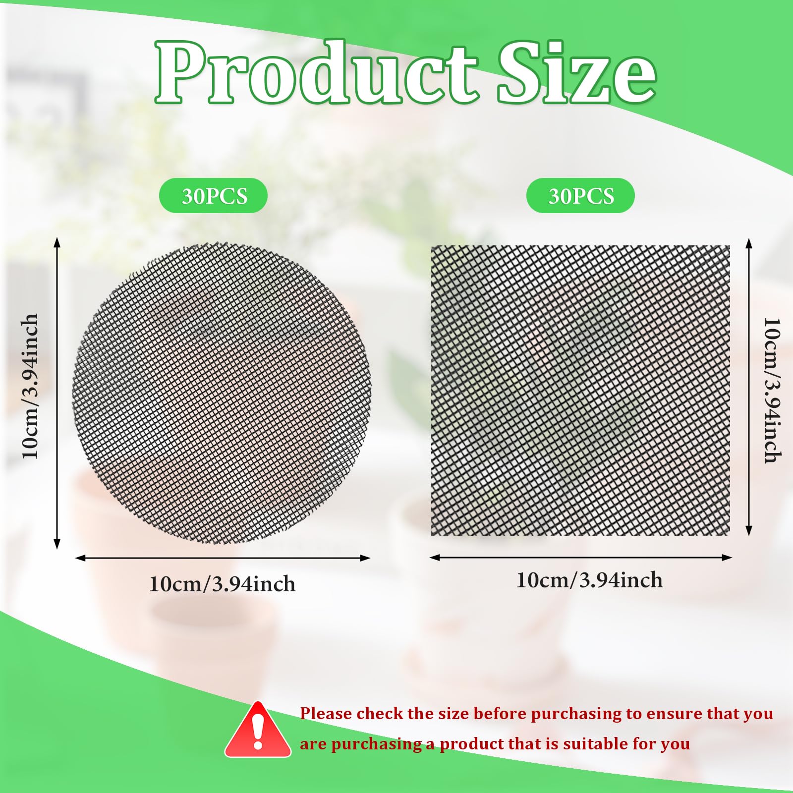 JDBZYDM square pot mesh pad sized 10x10 cm prevents soil loss while draining.