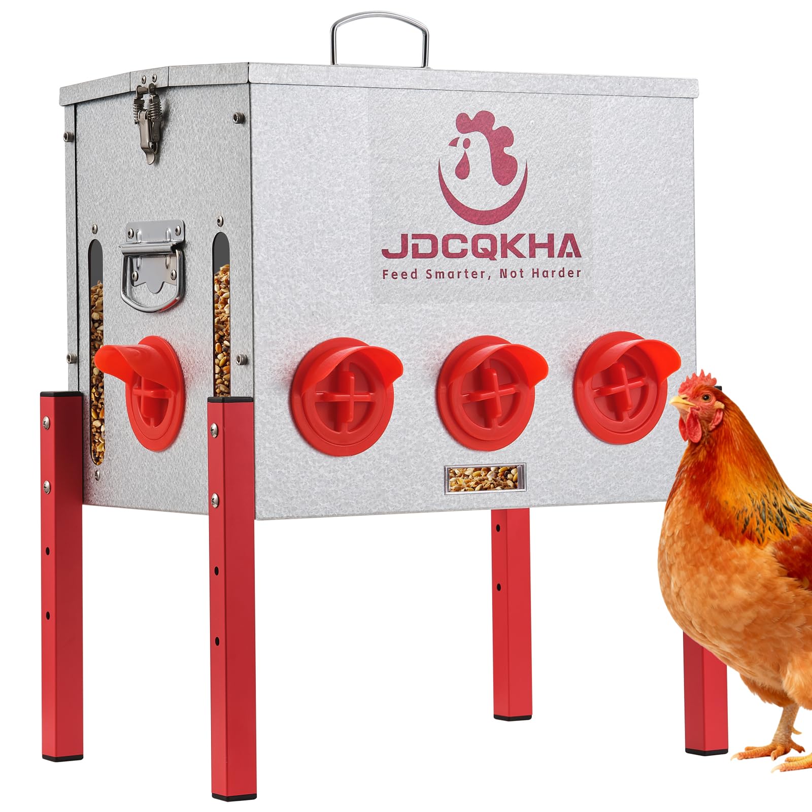 JDCQKHA 55lb feeder with front window for quick feed level checks.