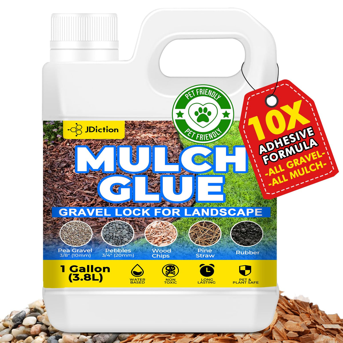 JDiction Mulch Glue bottle ready for outdoor use to lock mulch in place.