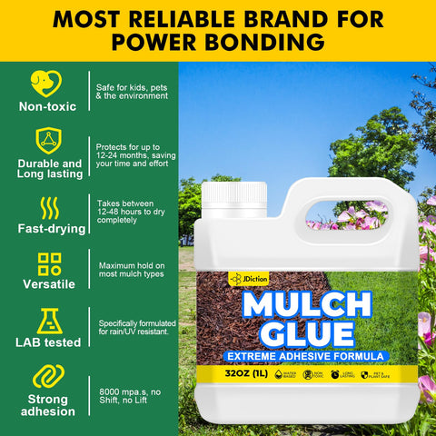 JDiction Mulch Glue UV-resistant bond protects sun-exposed landscaping.