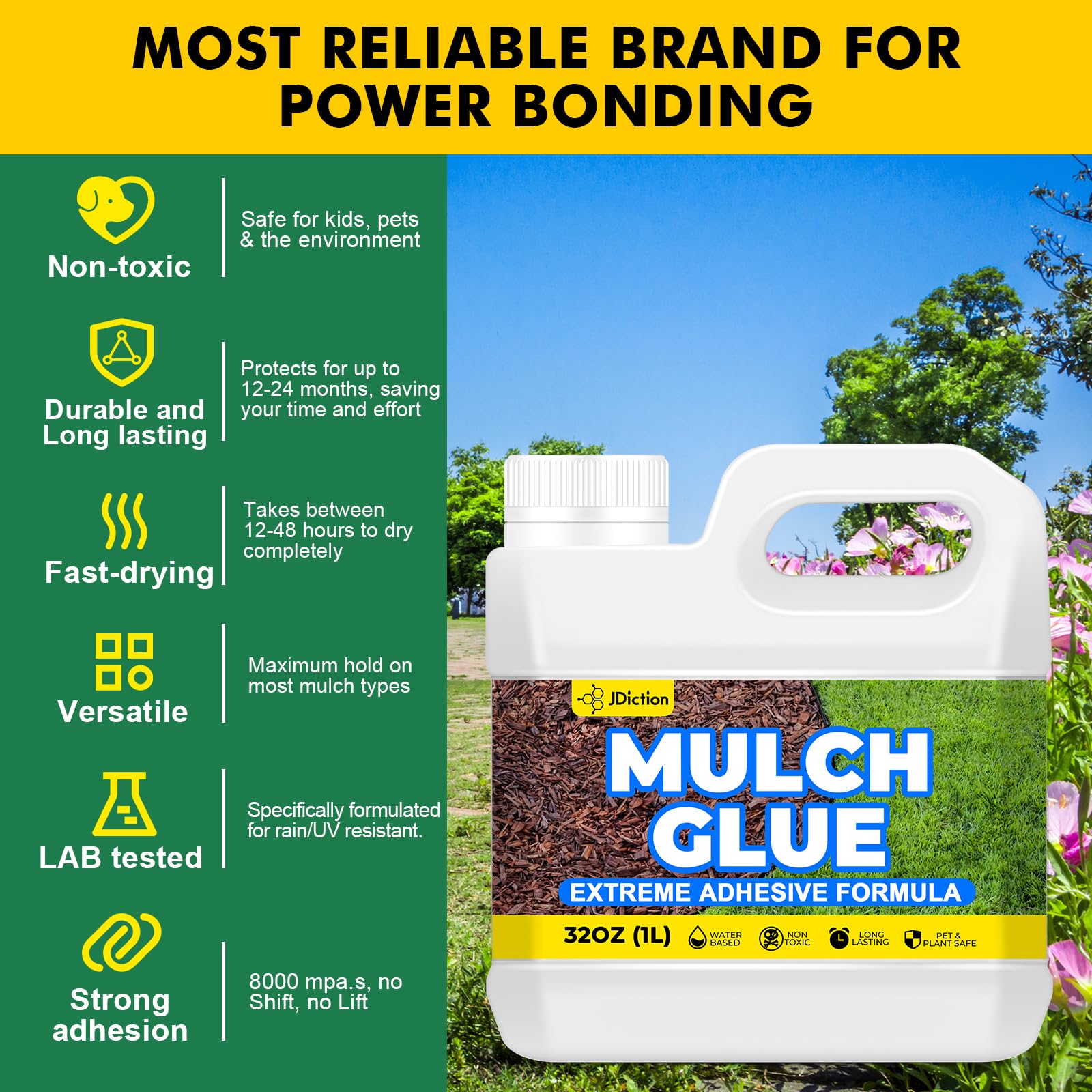 JDiction Mulch Glue with UV resistance protects landscape from sun damage