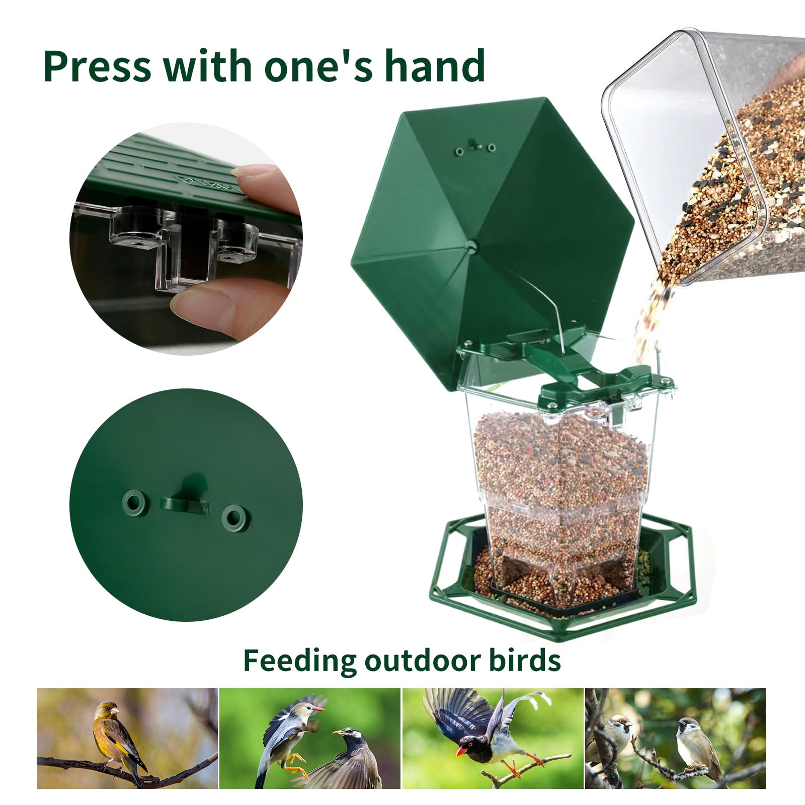 Jealoeur bird feeder with 2.2 lb seed capacity for longer feeding.