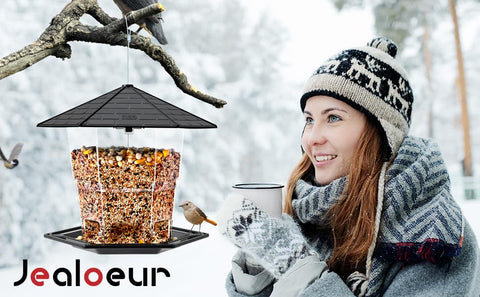 Jealoeur bird feeder durable-plastic housing resists outdoor wear.