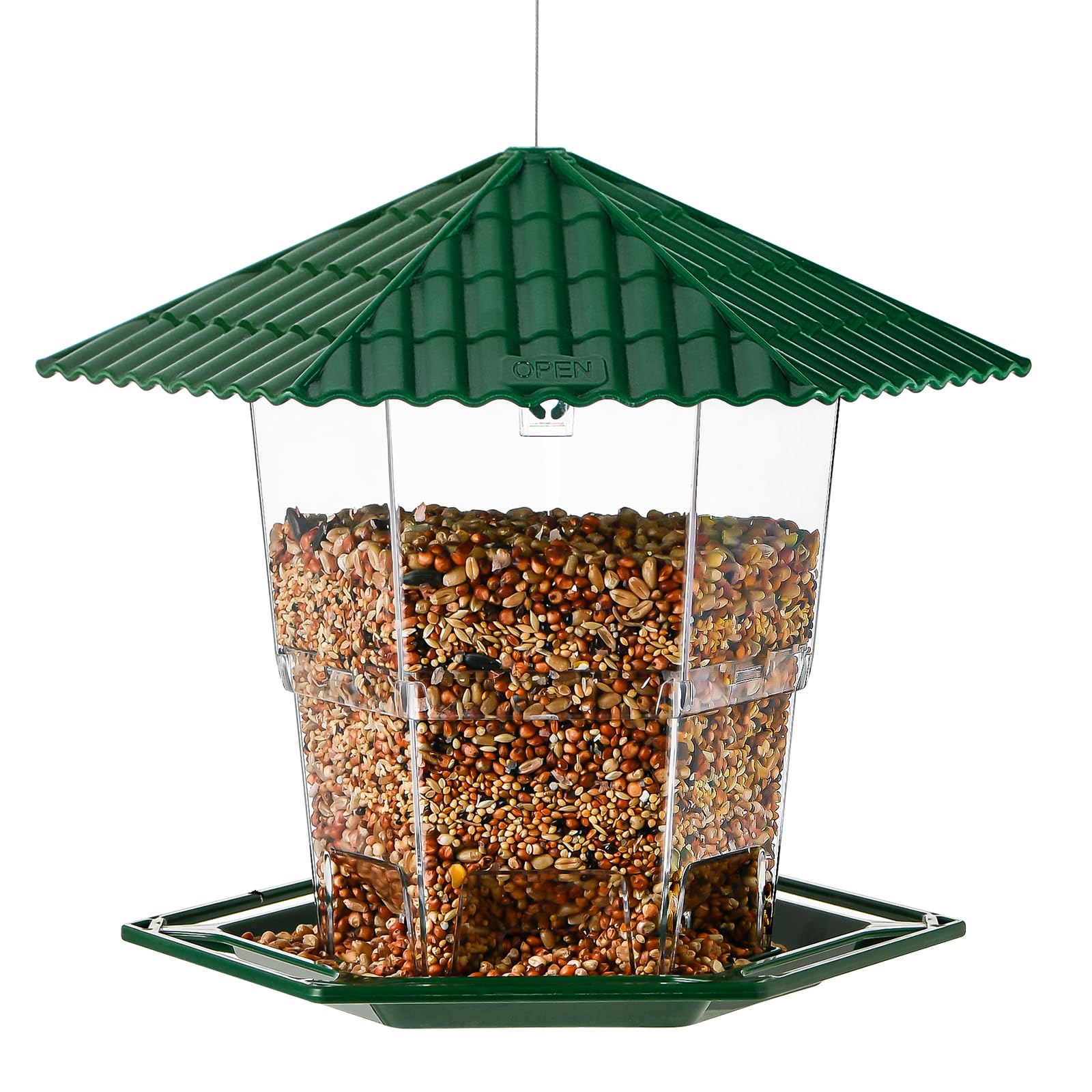 Jealoeur garden scene with birds visiting the feeder.