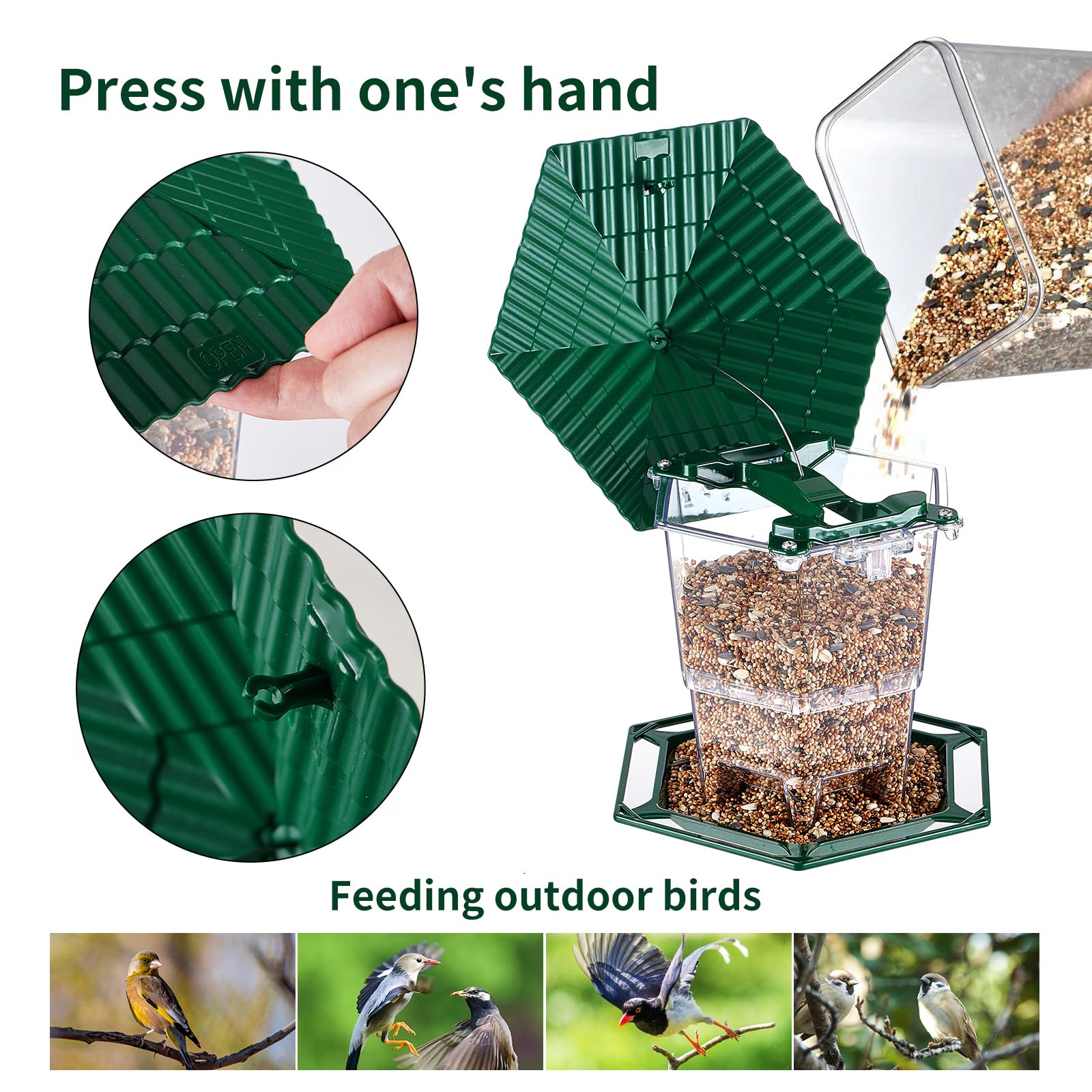 Jealoeur bird feeder hanging under eaves protects birds from sun and rain.