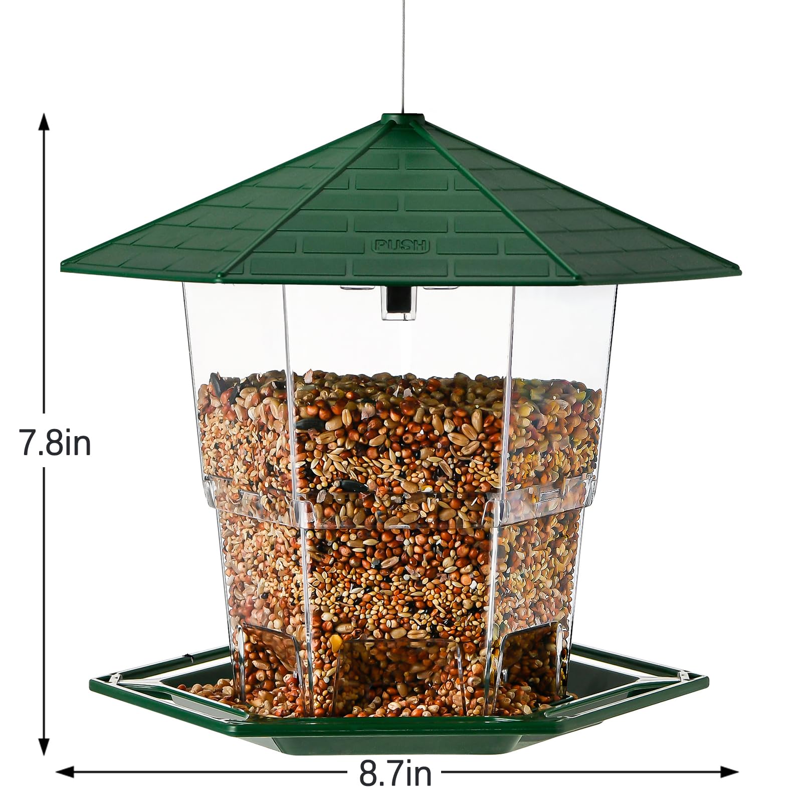 Jealoeur bird feeder hexagonal roof protecting seeds from sun and rain.