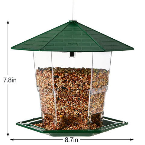 Jealoeur bird feeder hexagonal roof protecting seeds from sun and rain.