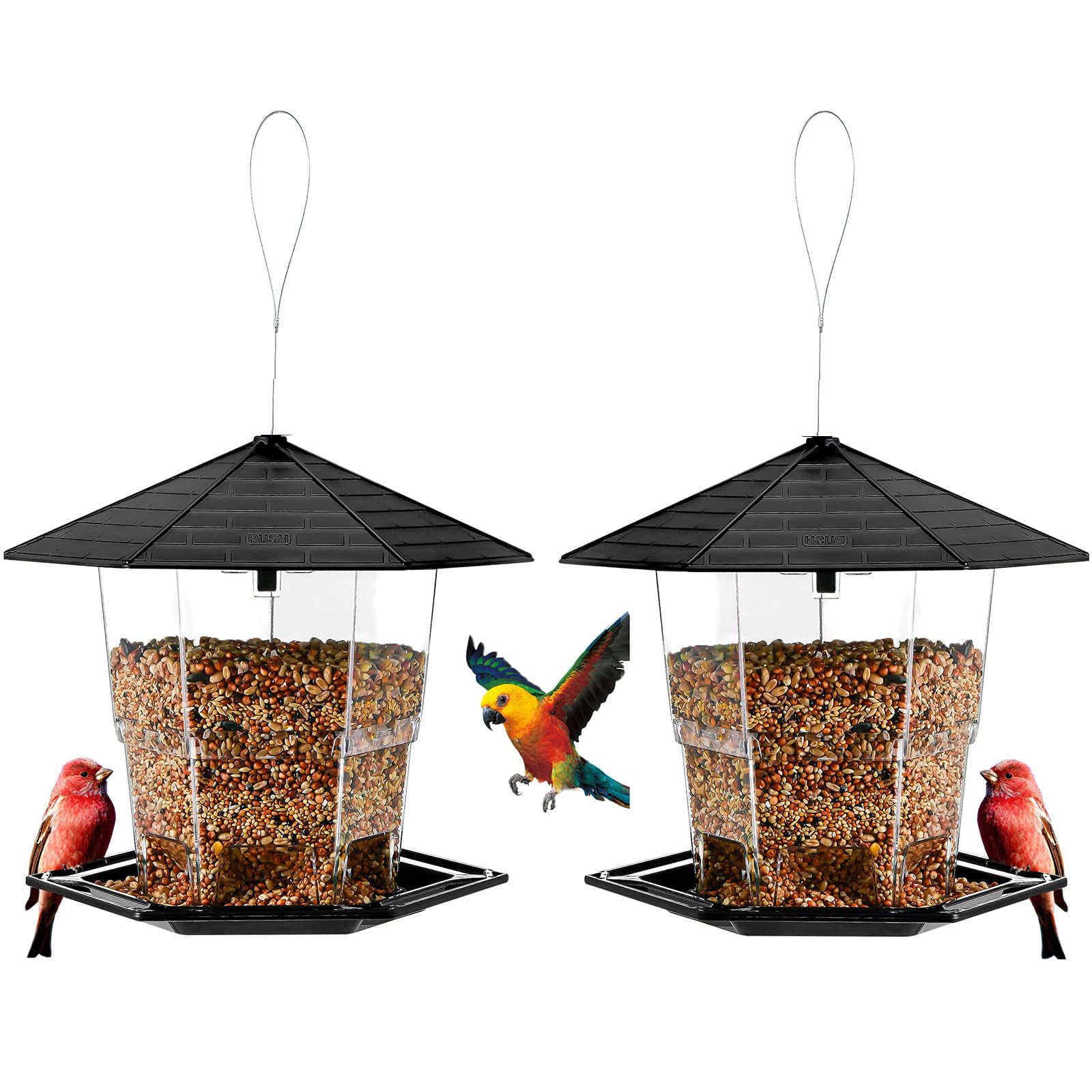 Jealoeur outdoor hanging bird feeder with lid for easy filling.