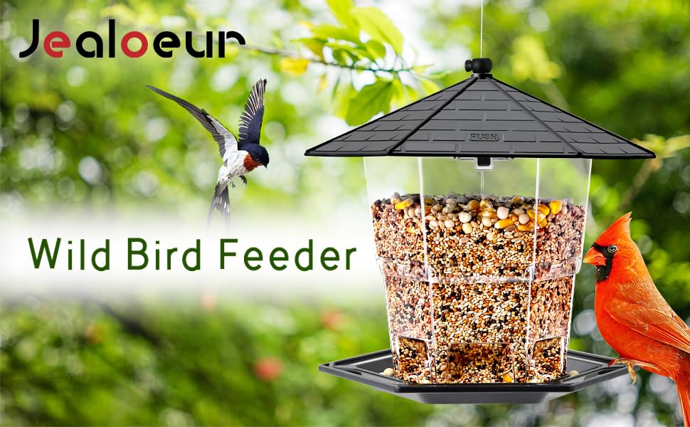 Jealoeur feeder supports wild birds with varied seed options.