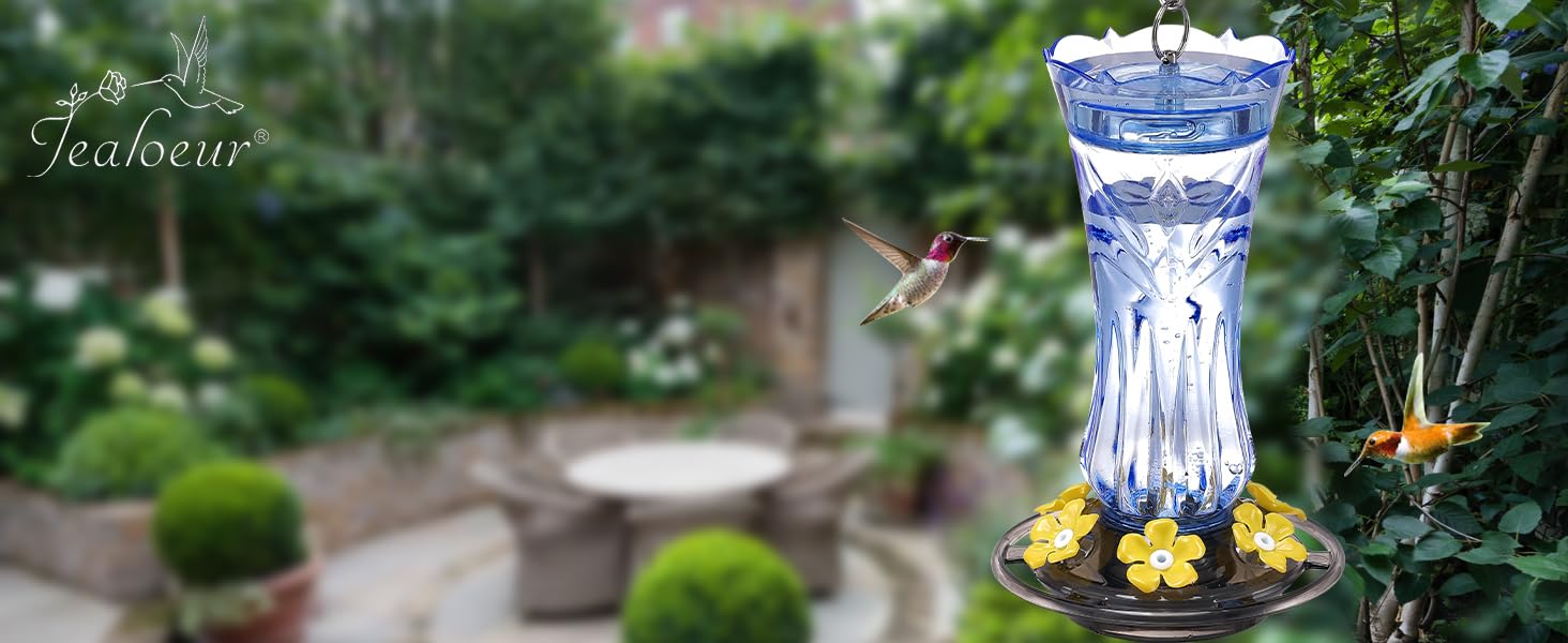 Jealoeur hummingbird feeder holds 18 oz of nectar in a sturdy container.