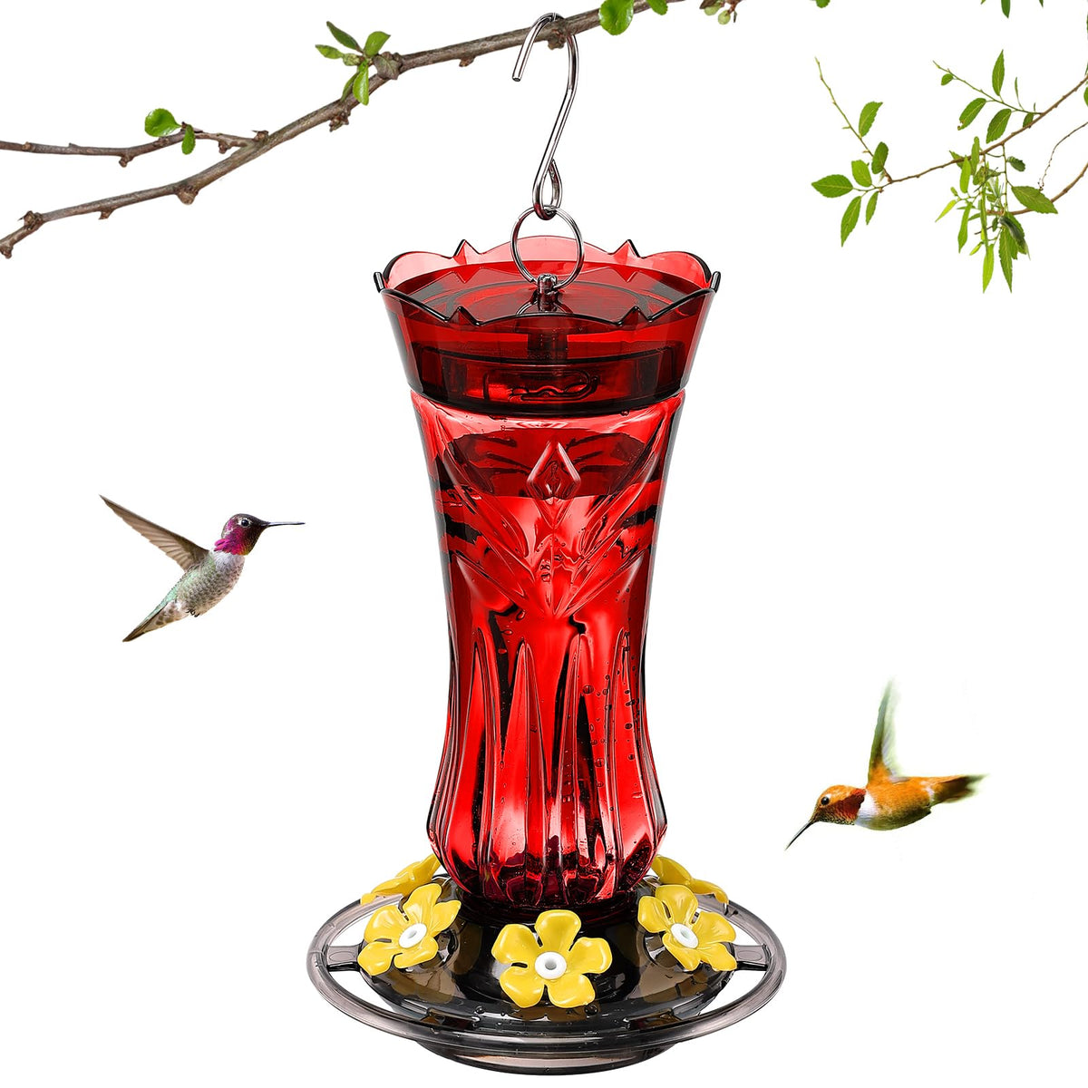 Jealoeur red 18oz hummingbird feeder seen from the front for yard delight