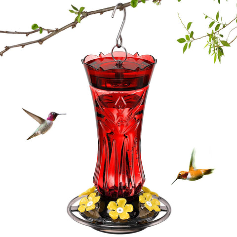 Jealoeur red 18oz hummingbird feeder seen from the front for yard delight