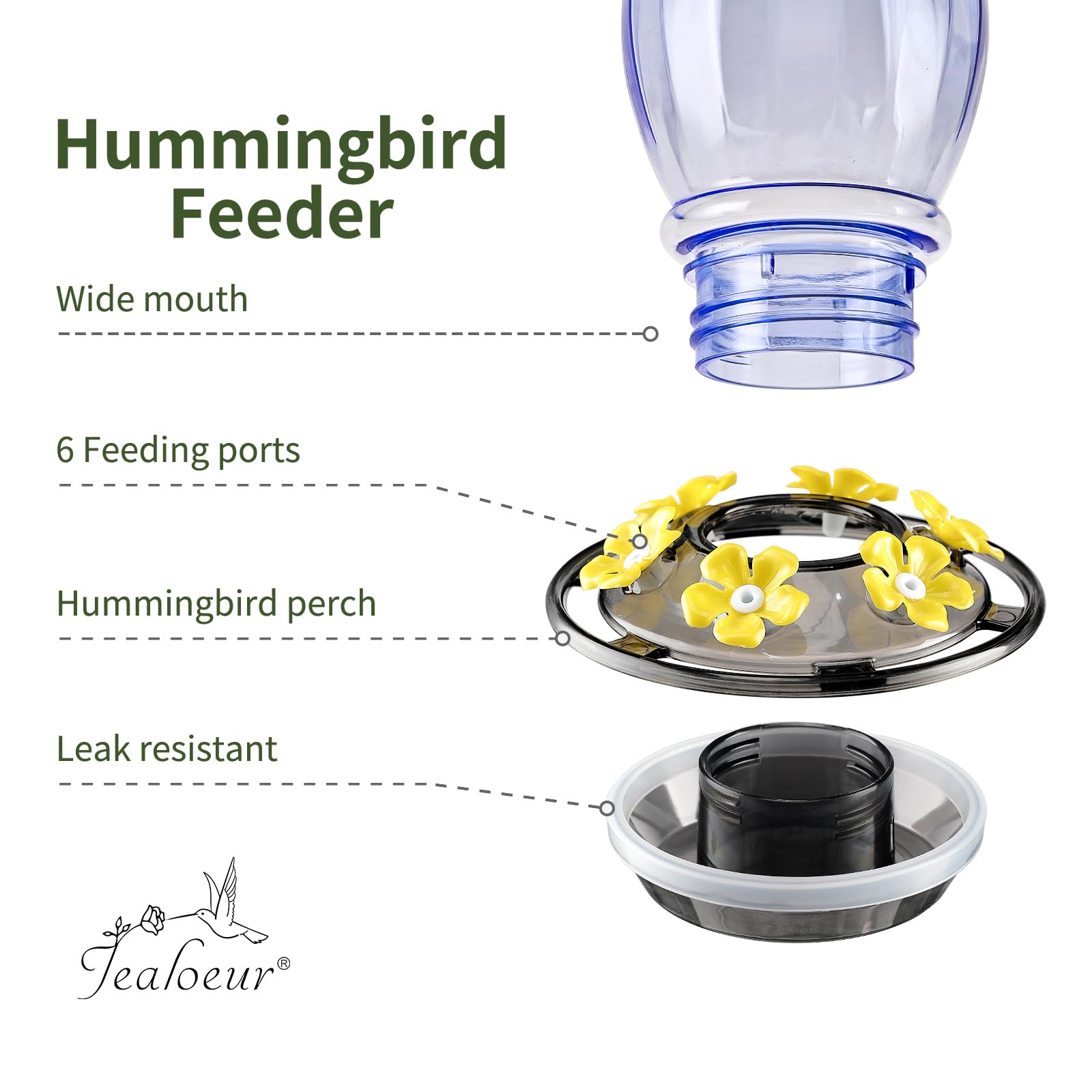 Jealoeur hummingbird feeder holds 18 oz of nectar for longer intervals.
