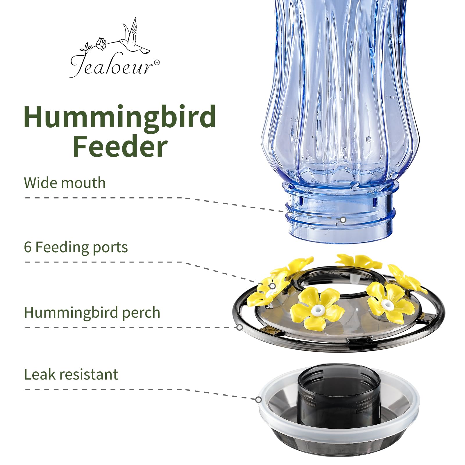 Jealoeur feeder with six ports to host multiple hummingbirds at once.